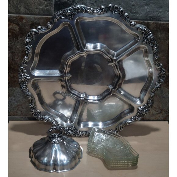 Vintage Silver Plated Lazy Susan Serving Platter 19" Turn Table Vegetable Dip C - Picture 3 of 13